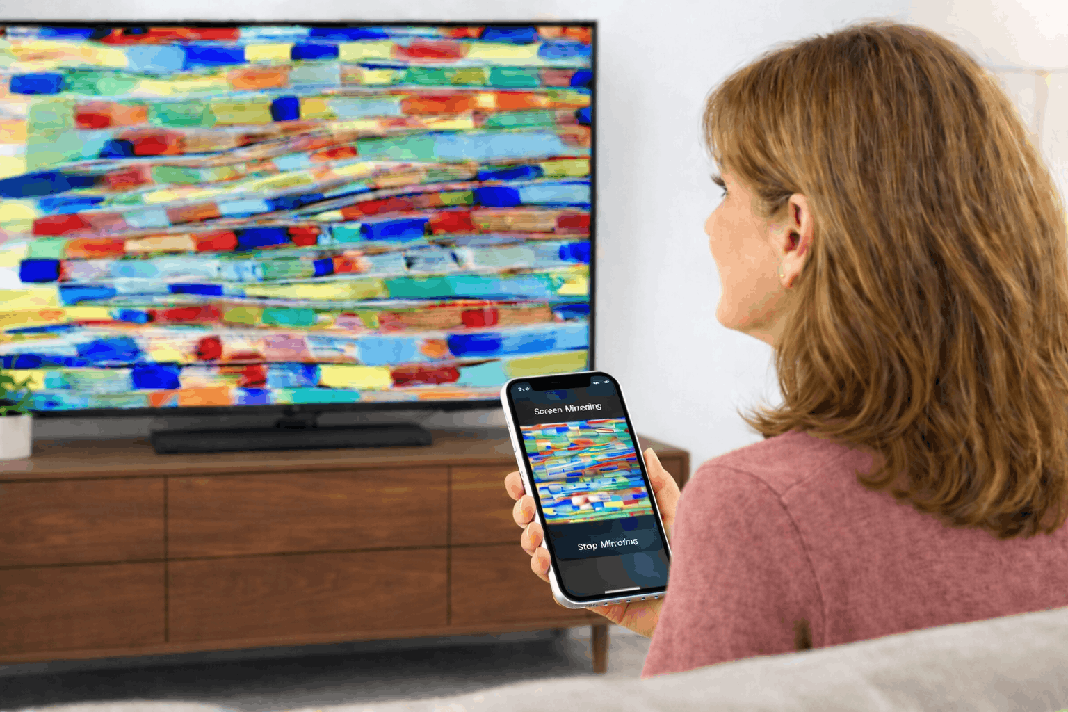 Woman syncing phone art to TV
