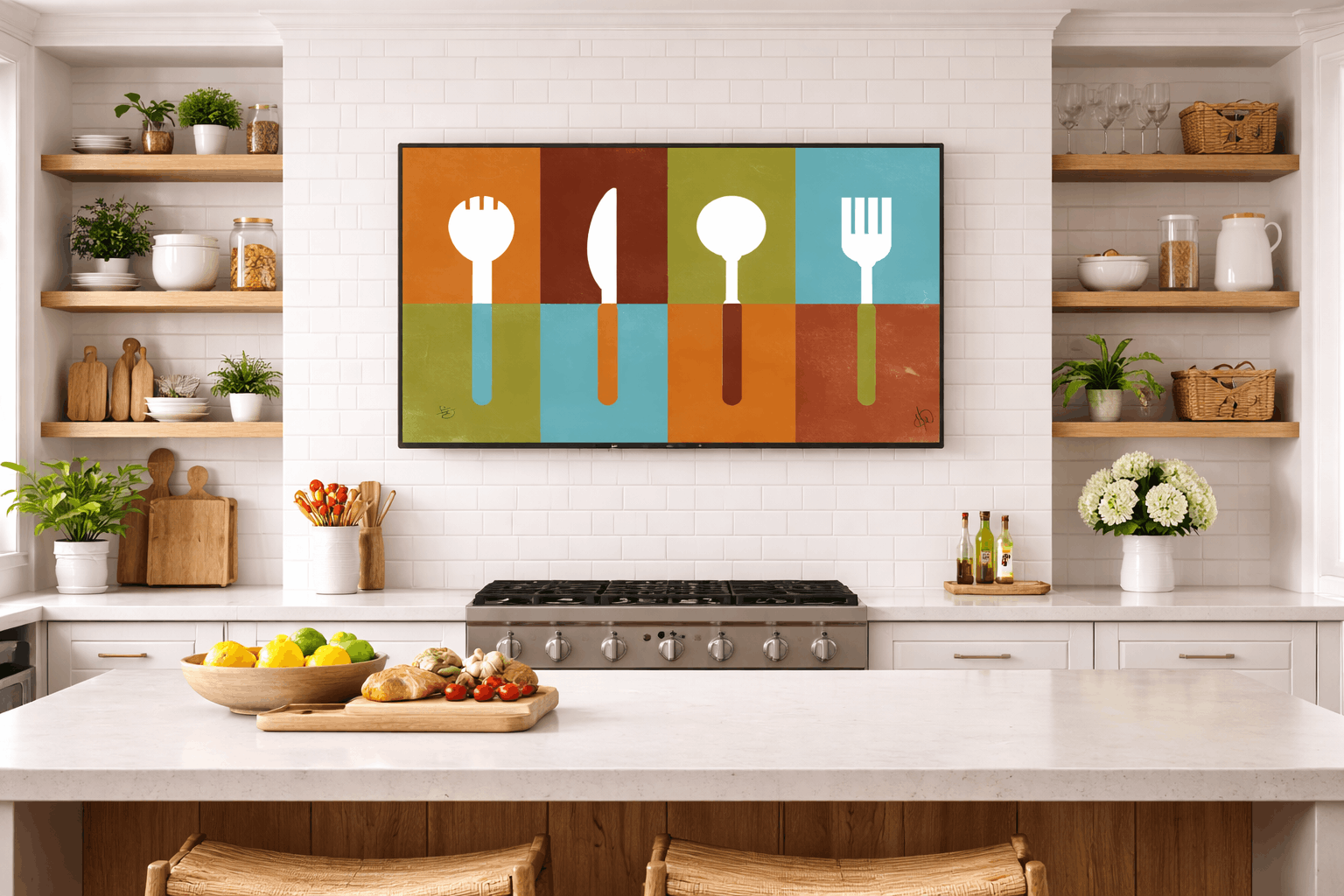 Kitchen — TV displaying art